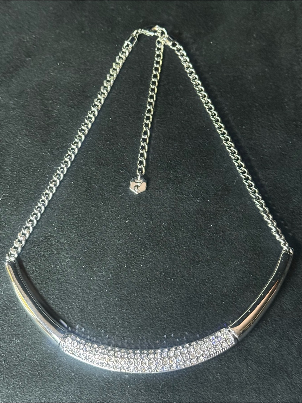 Touchstone White Collar Crystal Silver Pavé Curved Bar Necklace